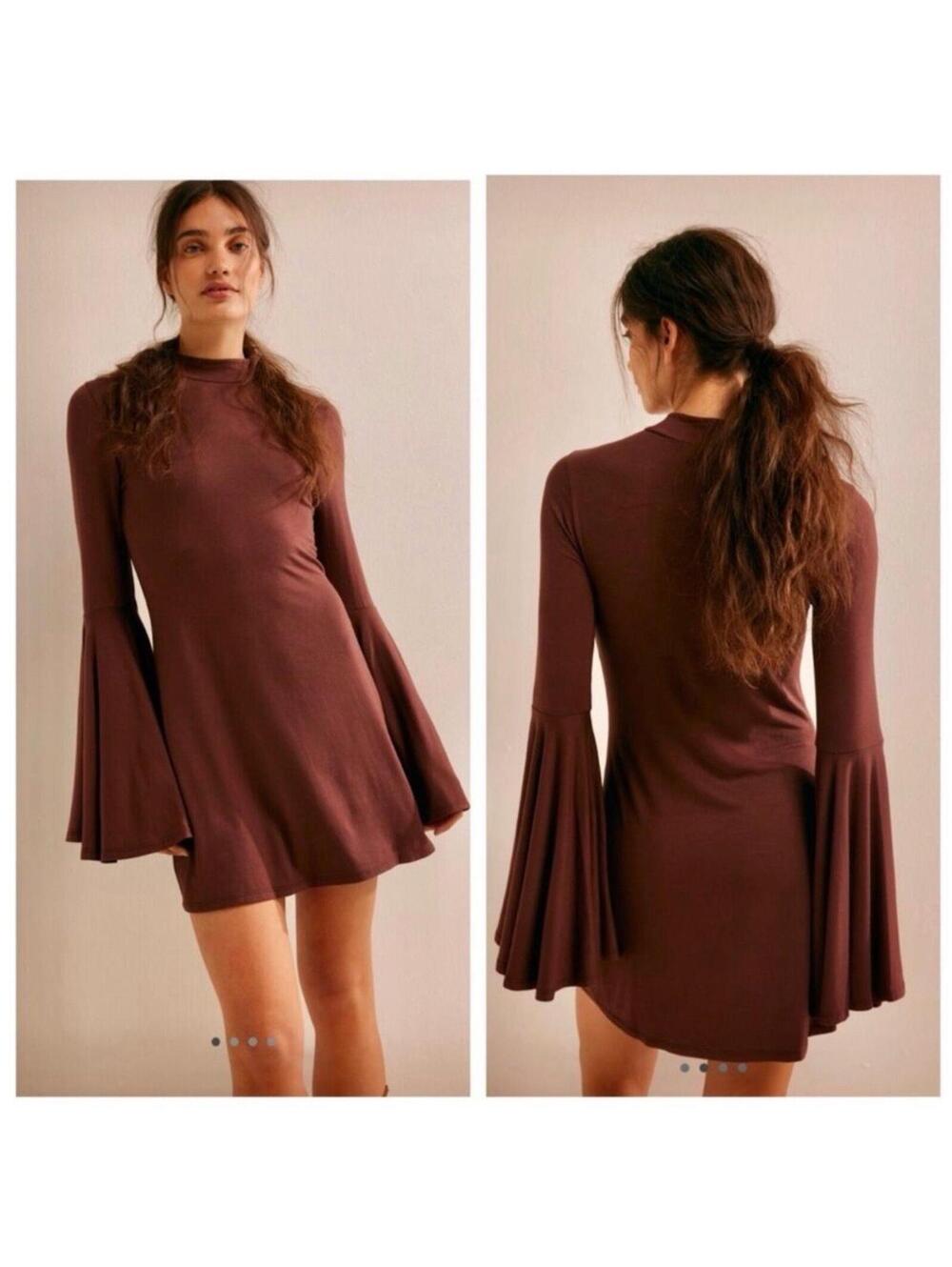 NWT FP Beach Free People Dare to Dance Chocolate Bell Sleeve Mini Dress Size S